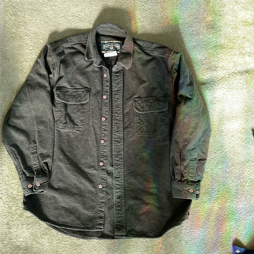 field & stream 100% cotton green button down shirt